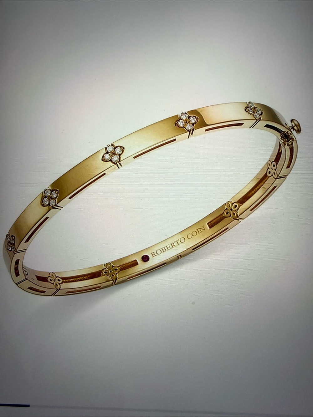 STUNNING ROBERTO COIN 18K GOLD LOVE IN VERONA DIAMOND FLORAL BANGLE BRACELET
